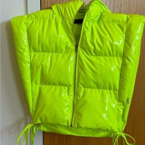 Lime colored puffer vest with hood